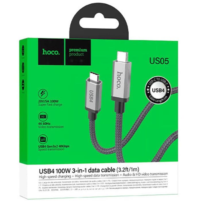 Дата кабель Hoco US05 Type-C to Type-C 100W USB4 40Gbps (1m) Black