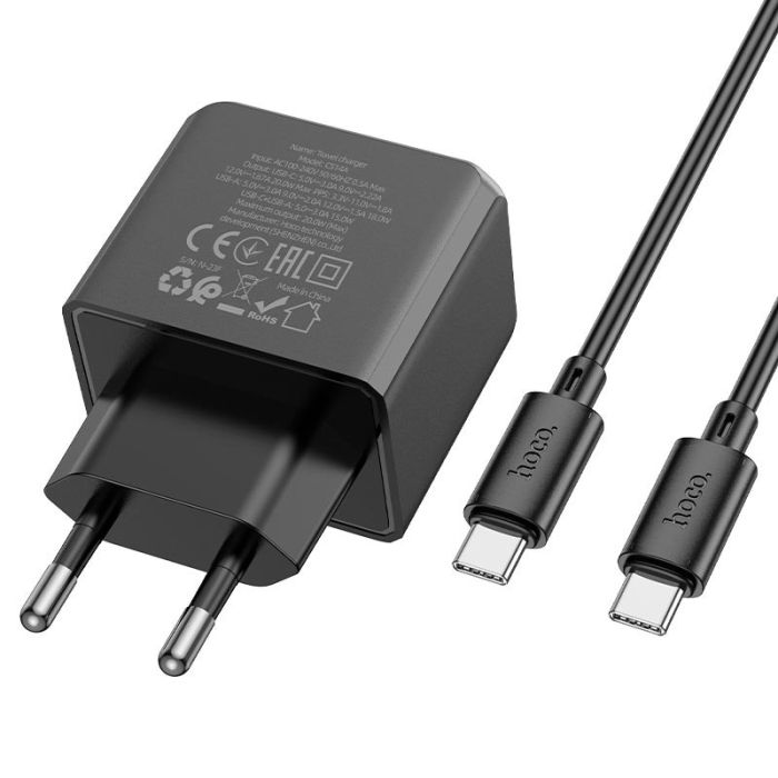 Мережна зарядка Hoco CS14A PD20W+QC3.0 (1USB-A/1C) + Type-C to Type-C Black