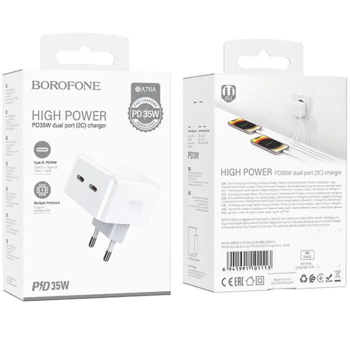 Мережева зарядка Borofone BA76A Source PD35W (2Type-C) White