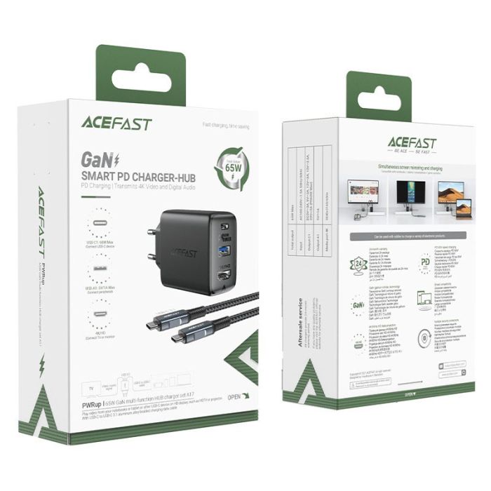 Мережеве заряджання Acefast A17 65W GaN multi-function HUB + кабель Type-C to Type-C Black