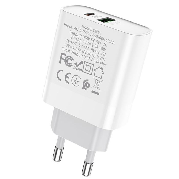 Мережеве заряджання HOCO C80A Rapido PD20W+QC3.0 Type-C + USB Білий