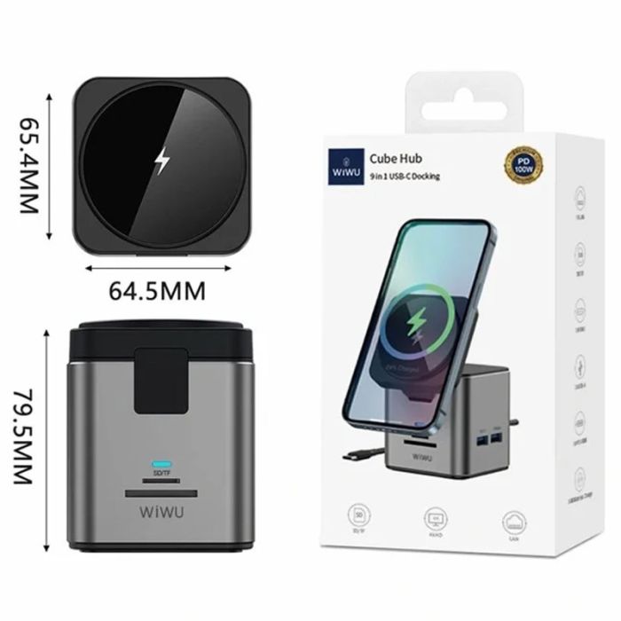 Бездротова зарядка HUB WIWU Wi-W025 Cube 9in1 USB-C Gray