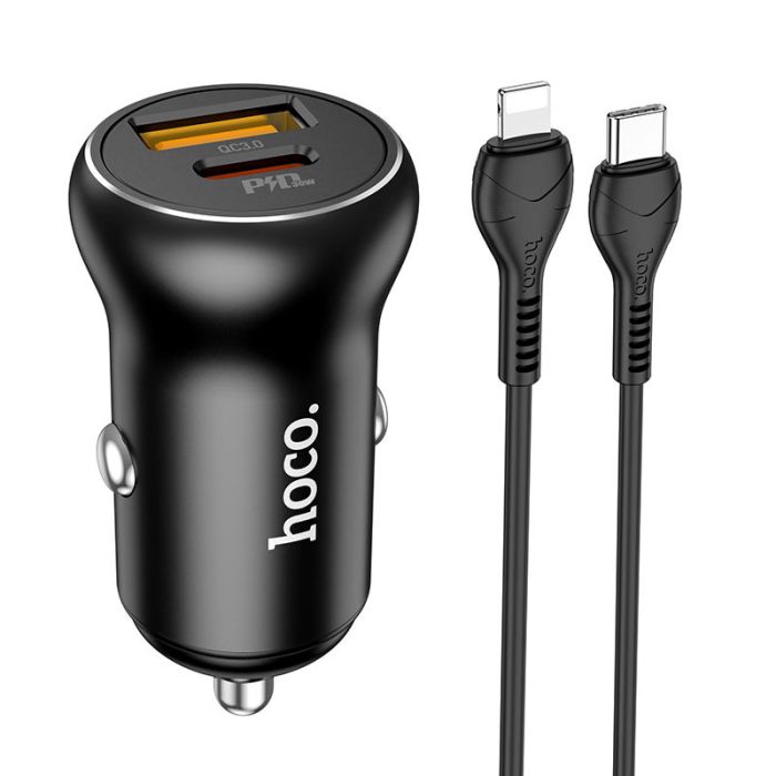 Автомобильная зарядка Hoco NZ5 Smooth road PD30W + QC3.0 + Type-C to Lightning Черный