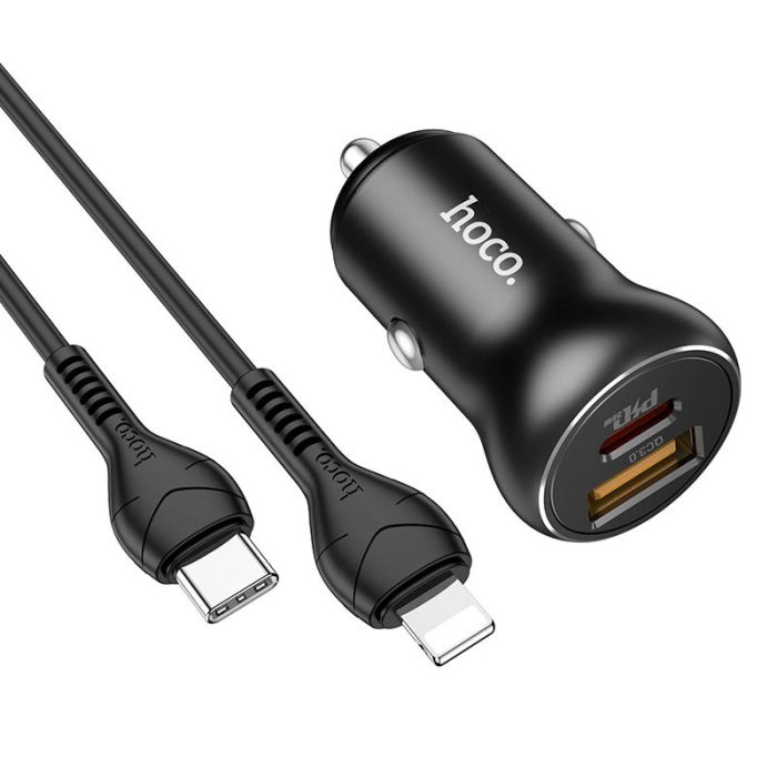 Автомобильная зарядка Hoco NZ5 Smooth road PD30W + QC3.0 + Type-C to Lightning Черный