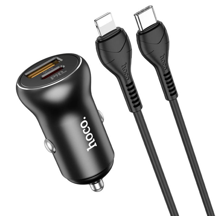 Автомобильная зарядка Hoco NZ5 Smooth road PD30W + QC3.0 + Type-C to Lightning Черный