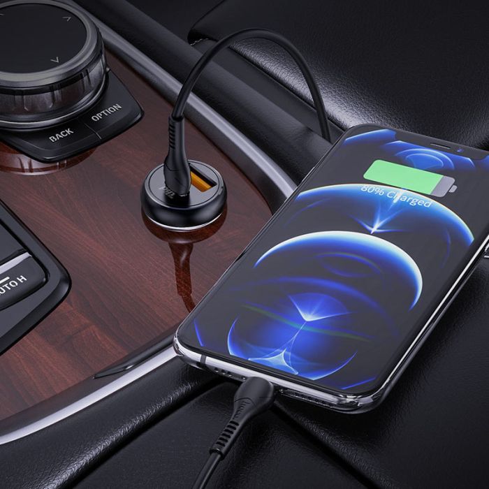 Автомобильная зарядка Hoco NZ5 Smooth road PD30W + QC3.0 + Type-C to Lightning Черный