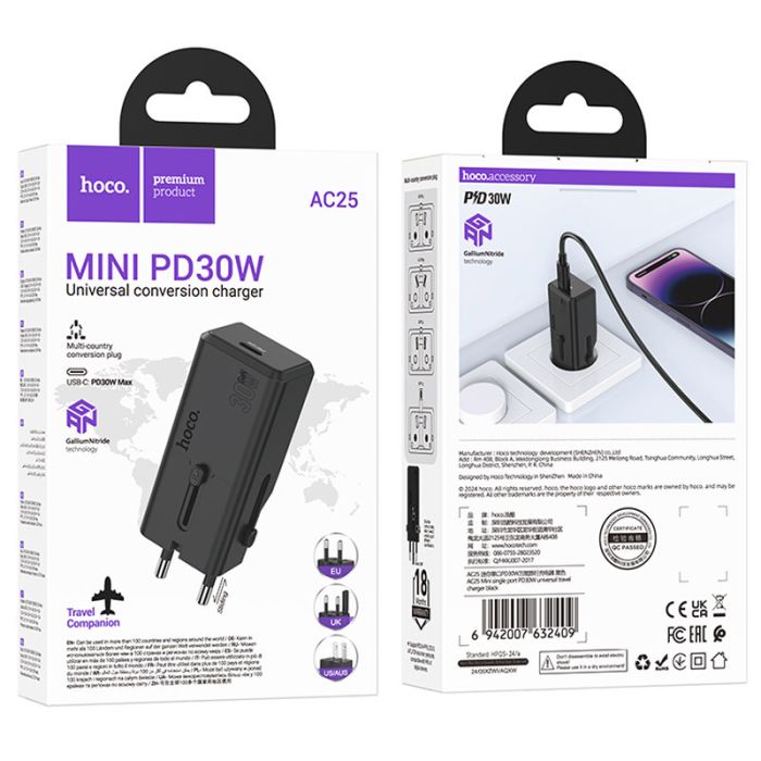 СЗУ Hoco AC25 Mini PD30W (1USB-C) universal travel charger Black