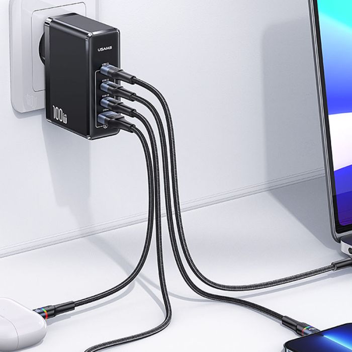 Зарядка Usams US-CC163 T50 100W 4 Ports ACCC GaN Fast Charger Black