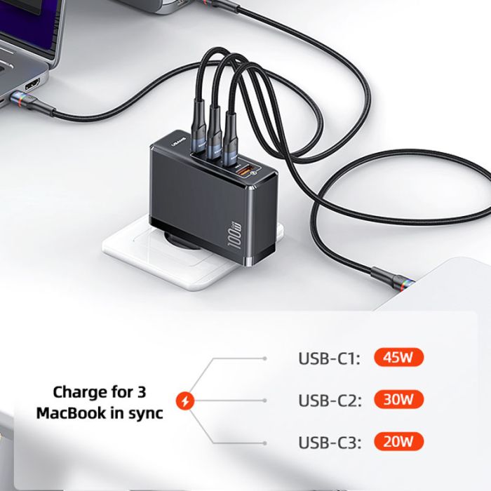 Зарядка Usams US-CC163 T50 100W 4 Ports ACCC GaN Fast Charger Black
