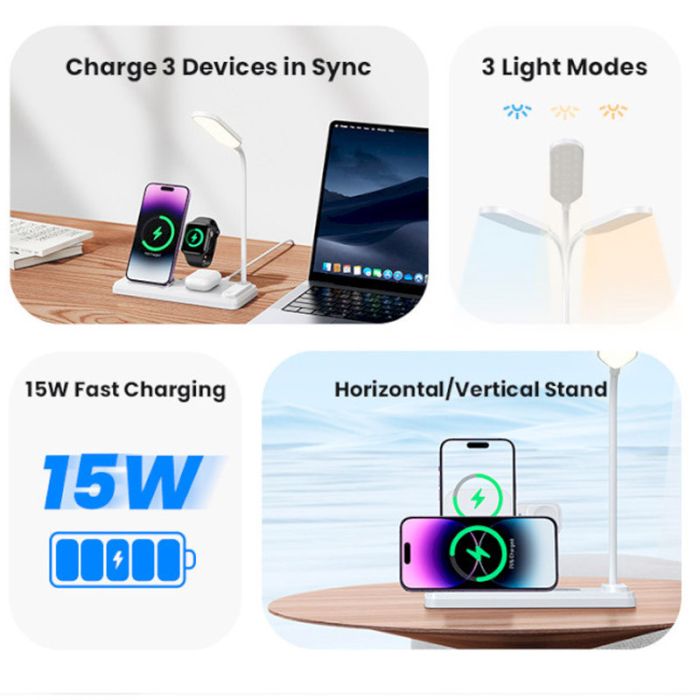 Бездротова зарядка Usams US-CD195 15W 4in1 Wireless Charging Holder With Table Lamp White