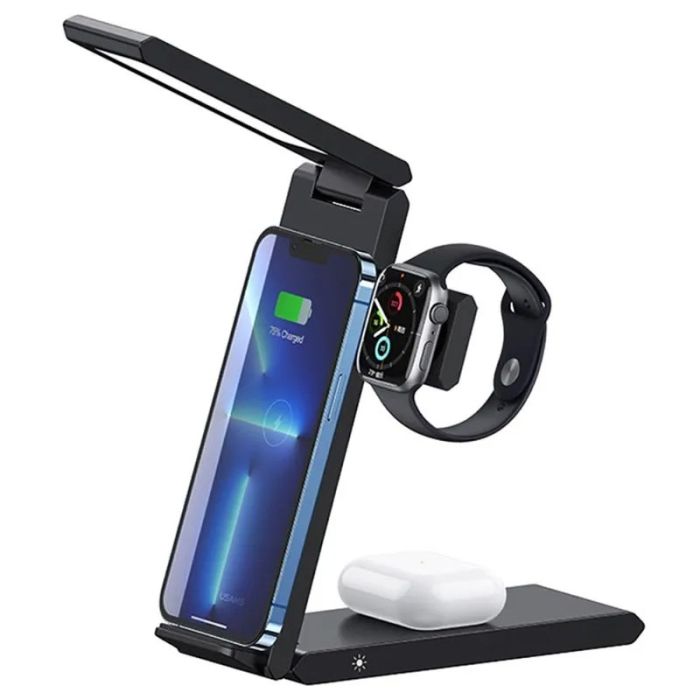 Бездротова зарядка Usams US-CD181 15W 3in1 with Table Lamp Black