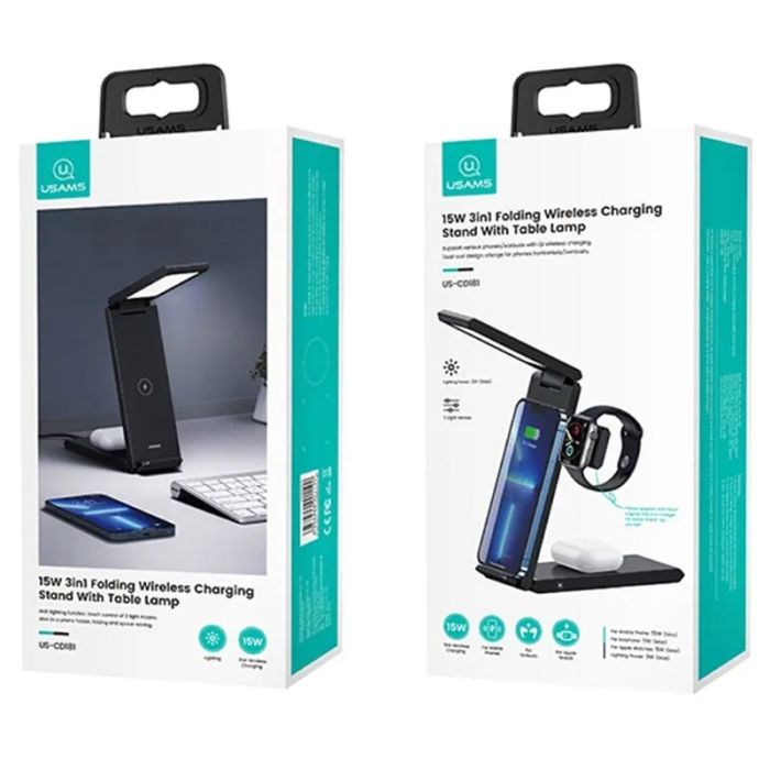 Бездротова зарядка Usams US-CD181 15W 3in1 with Table Lamp Black