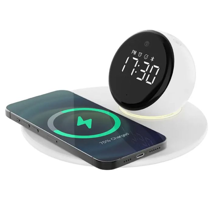 Беспроводная зарядка WIWU Wi-W017 15W Wireless Charger+Digital Alarm+Bluetooth Speaker White