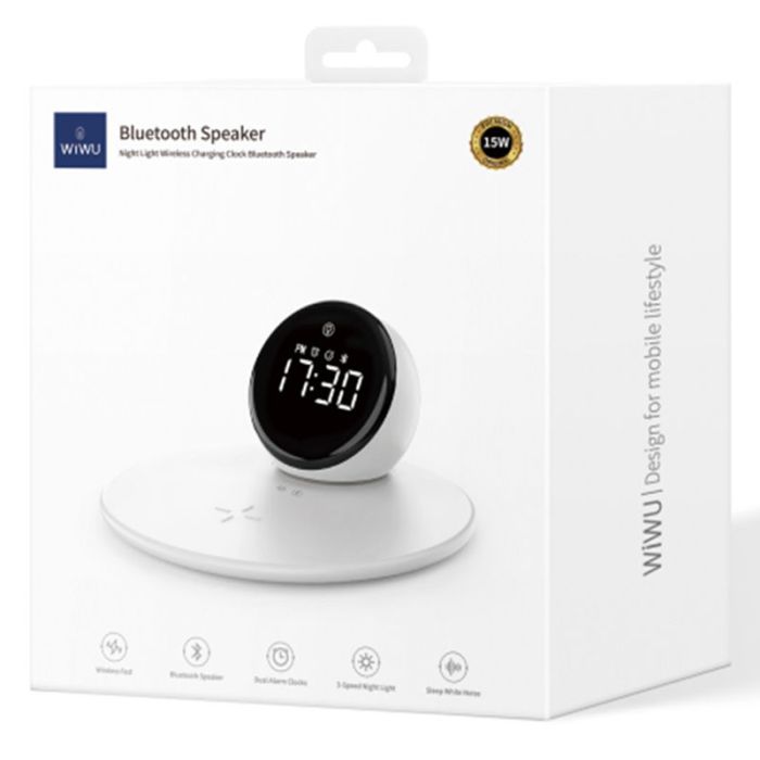 Беспроводная зарядка WIWU Wi-W017 15W Wireless Charger+Digital Alarm+Bluetooth Speaker White