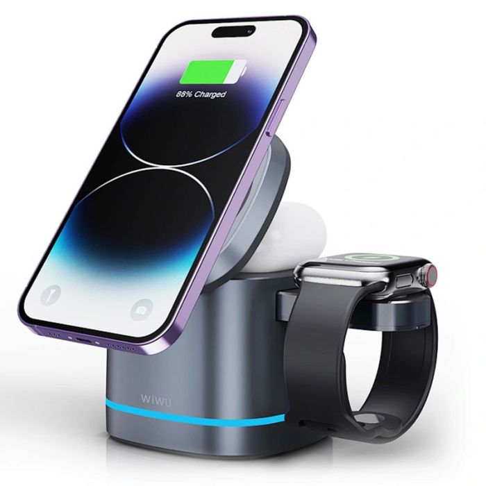 Беспроводная зарядка WIWU Wi-W024 3 in 1 Wireless Charger Grey
