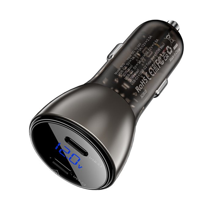 Автомобильная зарядка Acefast B10 metal car charger 60W (USB-C+USB-C) with digital display Black