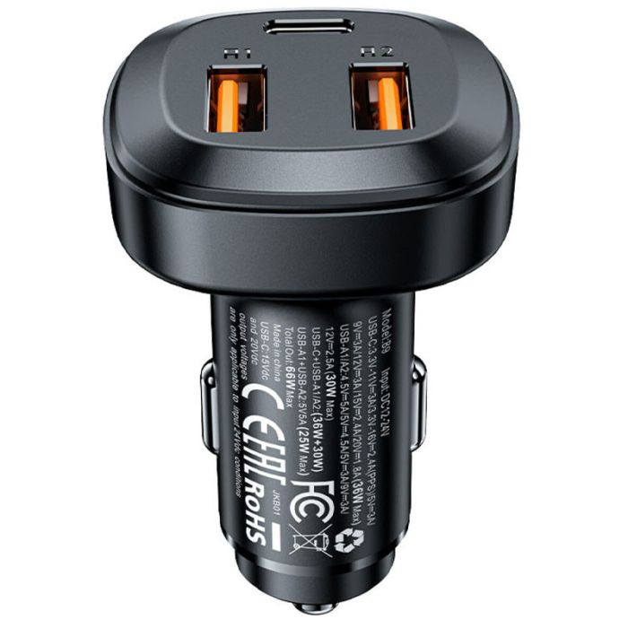Автомобільна зарядка Acefast B9 66W (2USB-A+USB-C) три port metal car charger Black