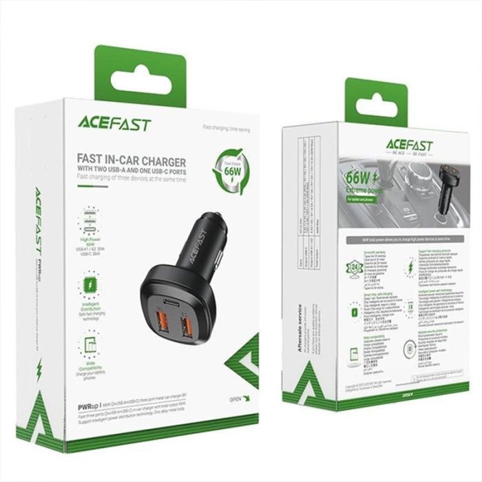 Автомобільна зарядка Acefast B9 66W (2USB-A+USB-C) три port metal car charger Black