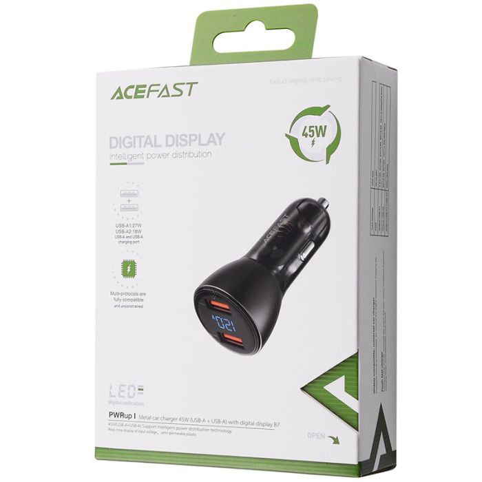 Автомобільна зарядка Acefast B7 metal car charger 45W (USB-A + USB-A) with digital display Transparent