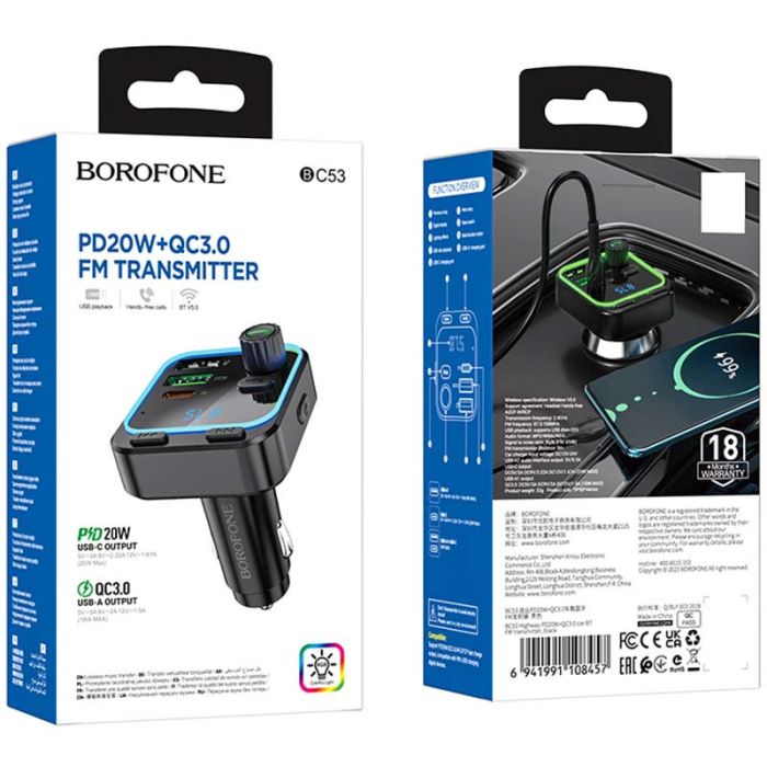 Автомобільна зарядка FM-модулятор Borofone BC53 Highway PD20W+QC3.0 Black