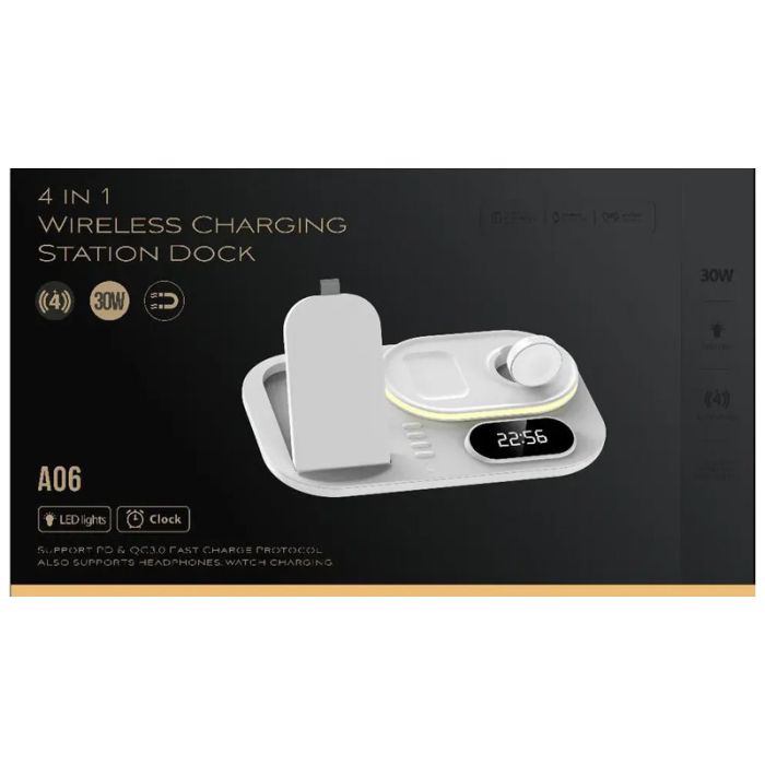 Бездротова зарядка + годинник A06 4in1 White