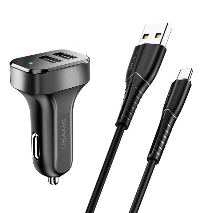 Автомобильная зарядка Usams C13 2.1A Dual USB + U35 Type-C cable (1m) Черный
