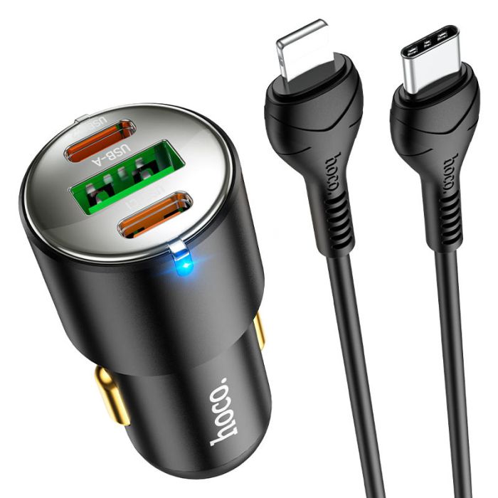Автомобильная зарядка Hoco NZ6 PD45W (2Type-C/1USB) + Type-C to Lightning Black
