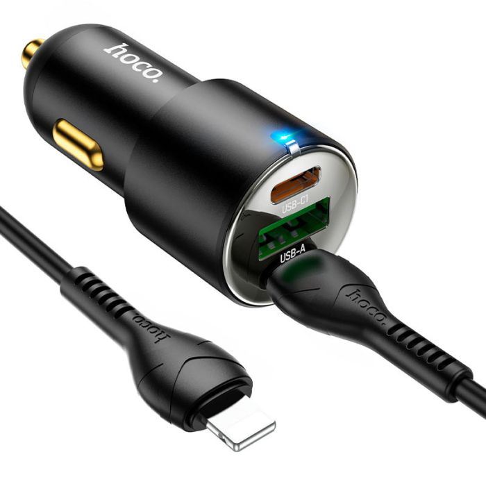 Автомобильная зарядка Hoco NZ6 PD45W (2Type-C/1USB) + Type-C to Lightning Black