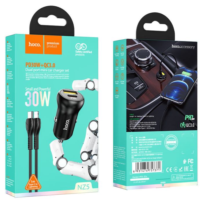 Автомобильная зарядка Hoco NZ5 Smooth road PD30W + QC3.0 + Type-C to Lightning Черный
